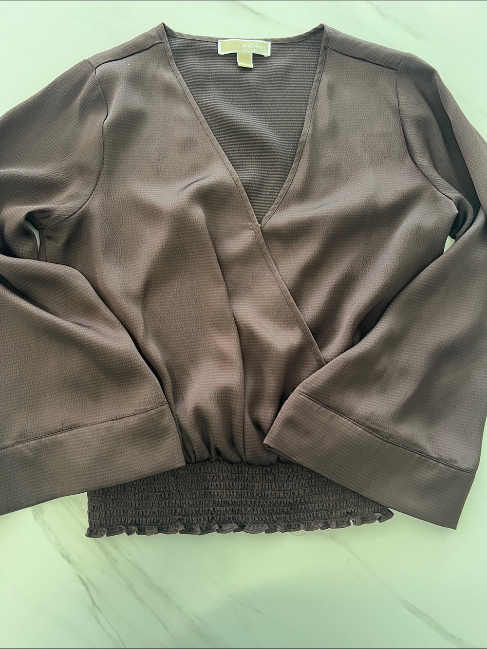 Michael Kors Brown Wrap-Style Smocked Hem Blouse